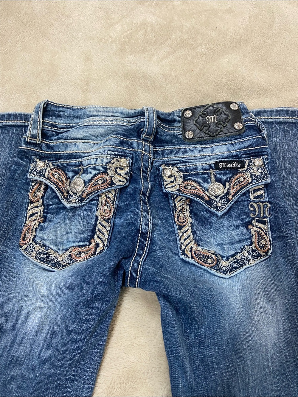 Miss Me Girls Embroidered Back Pocket Jeans - Blue with Pink Accents